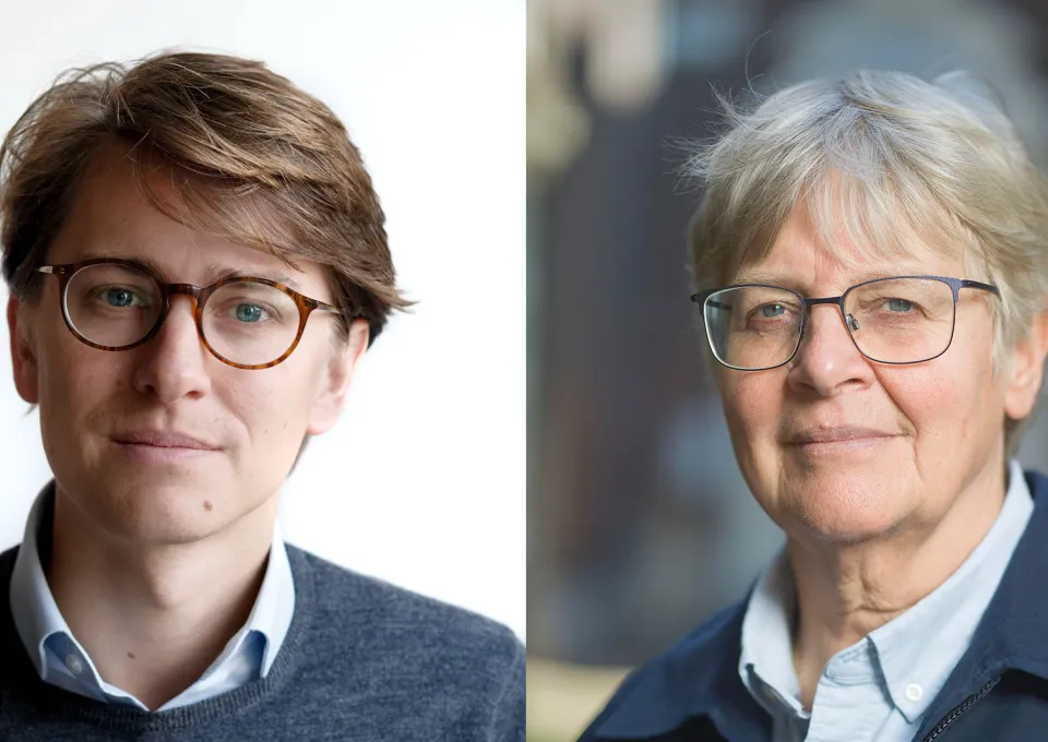 een jonge man en een oudere vrouw met een bril.