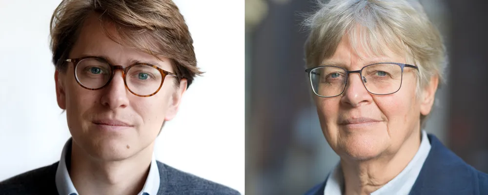 een jonge man en een oudere vrouw met een bril.